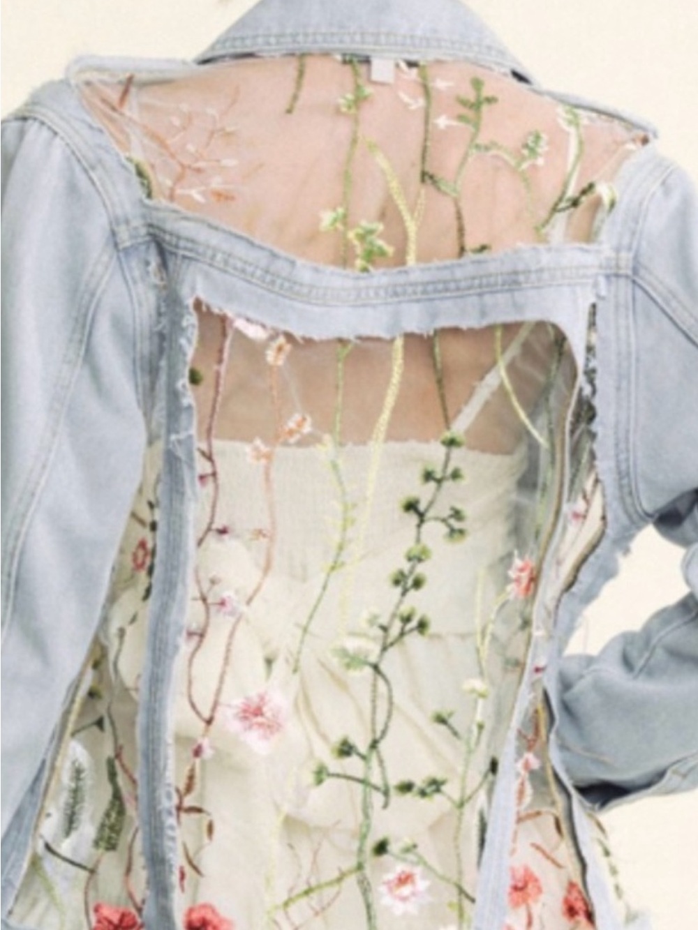 #201-076 POL Light Blue Denim Jacket with Sheer Floral Panels